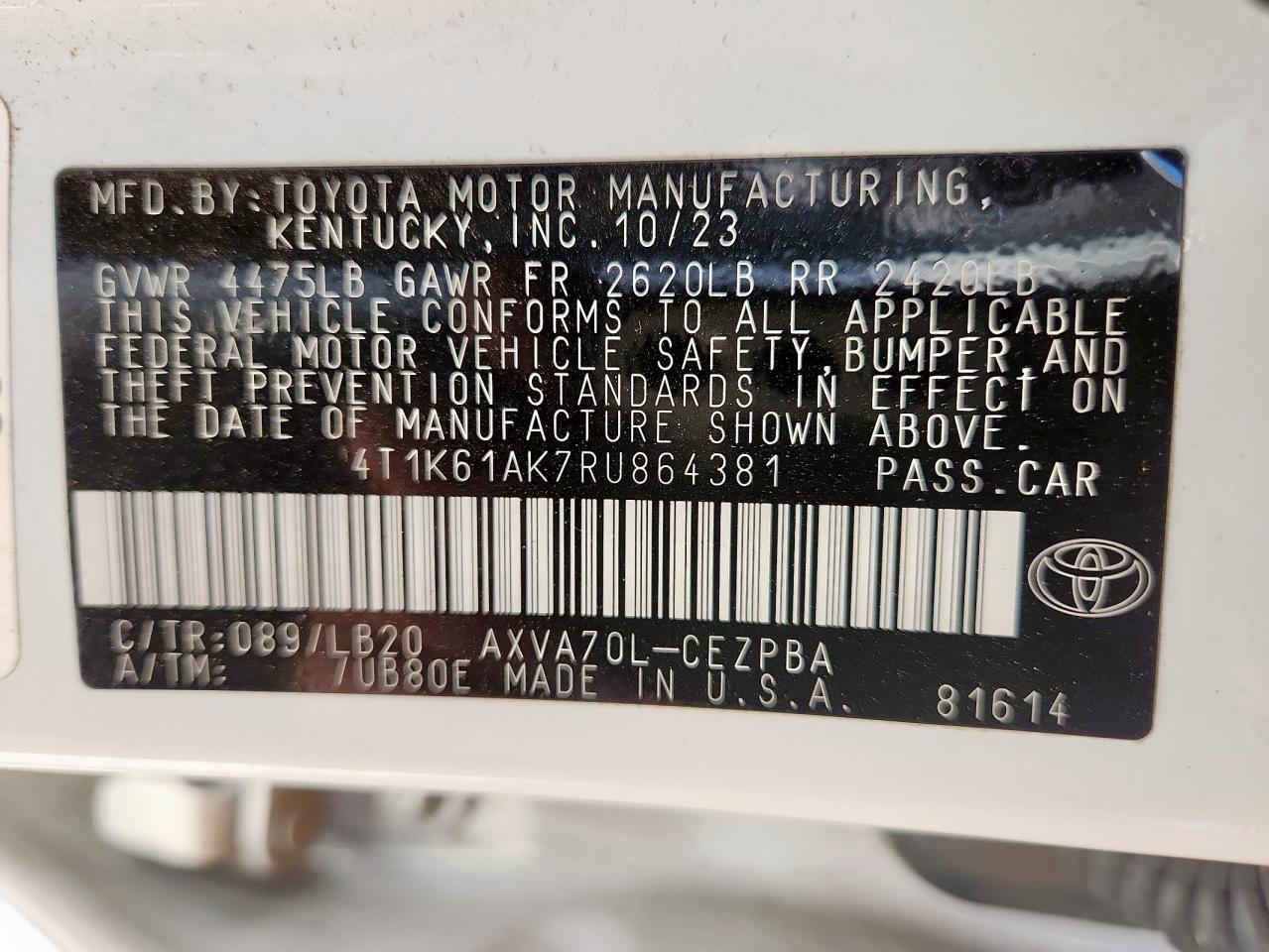 2024 Toyota Camry Xse VIN: 4T1K61AK7RU864381 Lot: 86159165