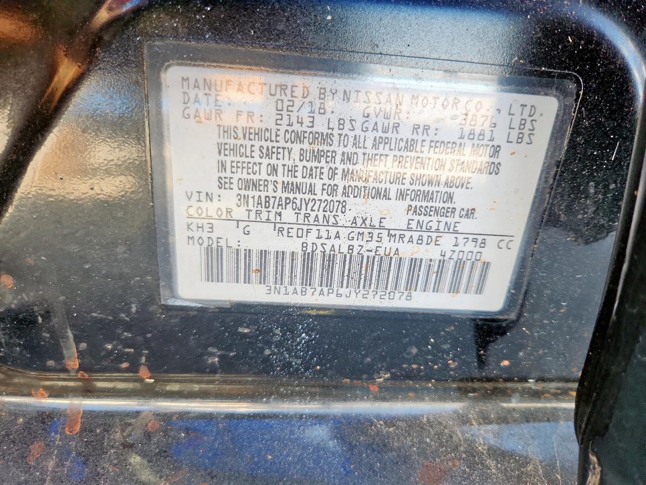 2018 Nissan Sentra VIN: 3N1AB7AP6JY272078 Lot: 85362845