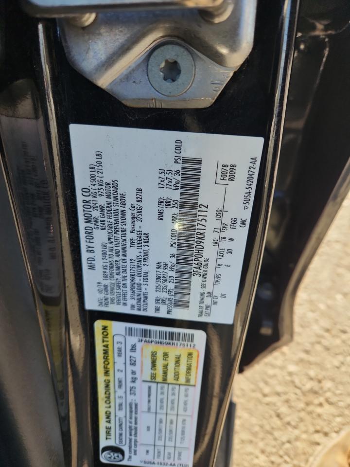 2019 Ford Fusion Se VIN: 3FA6P0HD9KR175112 Lot: 82710135