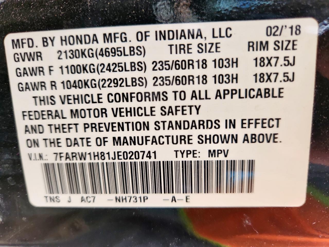 2018 Honda Cr-V Exl VIN: 7FARW1H81JE020741 Lot: 85275545