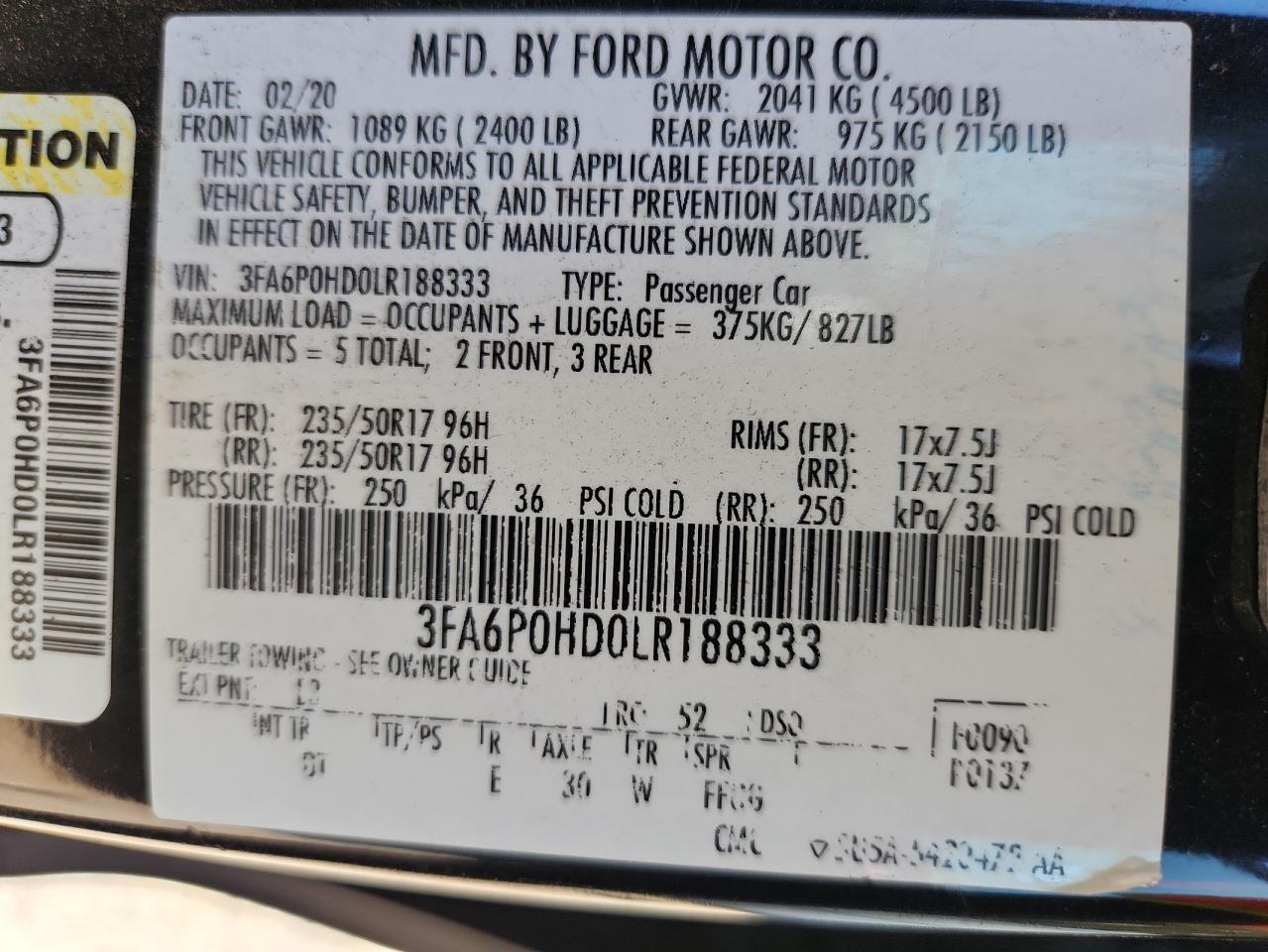 2020 Ford Fusion Se VIN: 3FA6P0HD0LR188333 Lot: 86433015