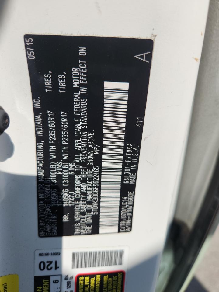 2015 Toyota Sienna Xle VIN: 5TDYK3DC6FS622465 Lot: 87430055