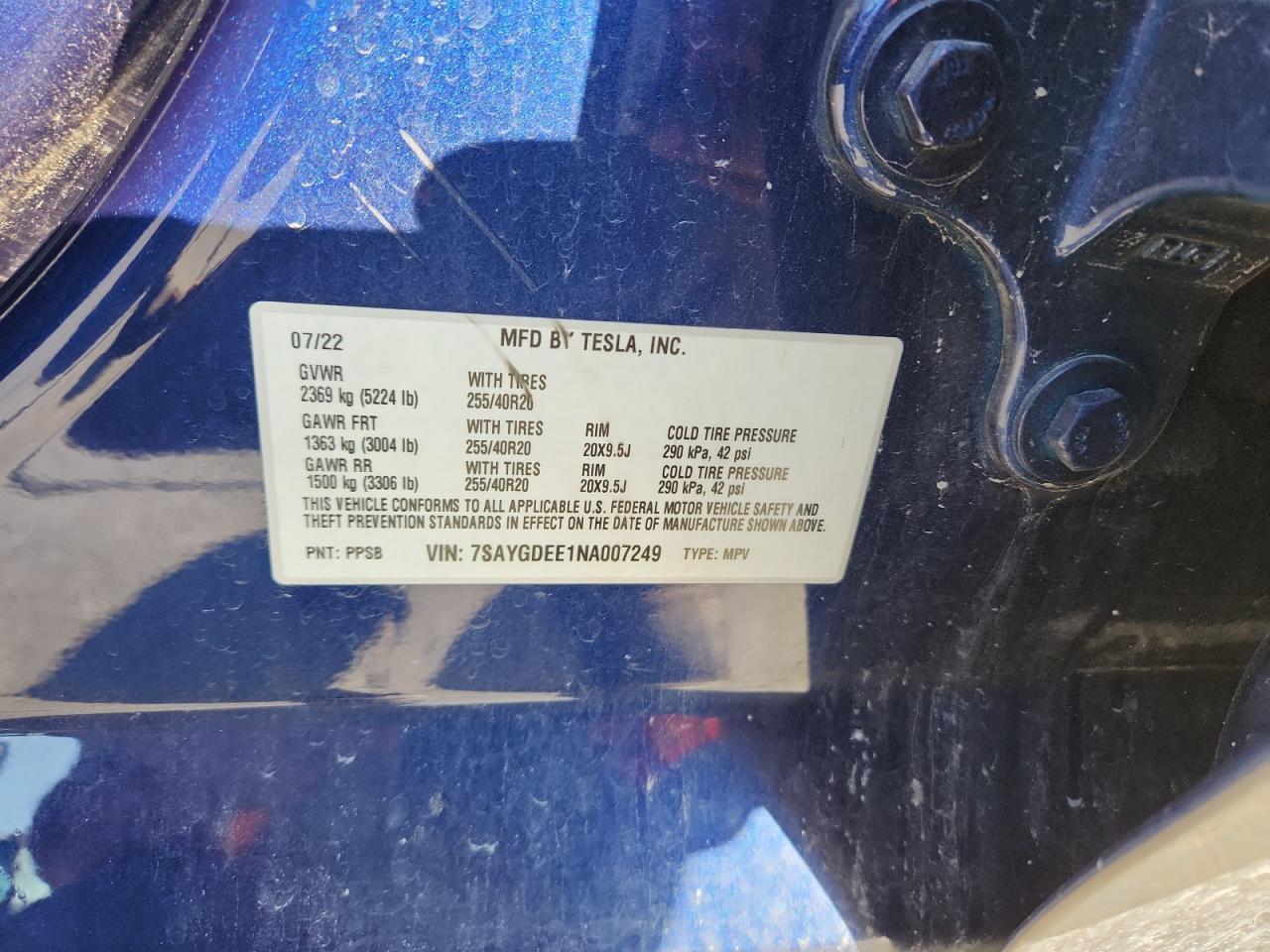 2022 Tesla Model Y VIN: 7SAYGDEE1NA007249 Lot: 90043905