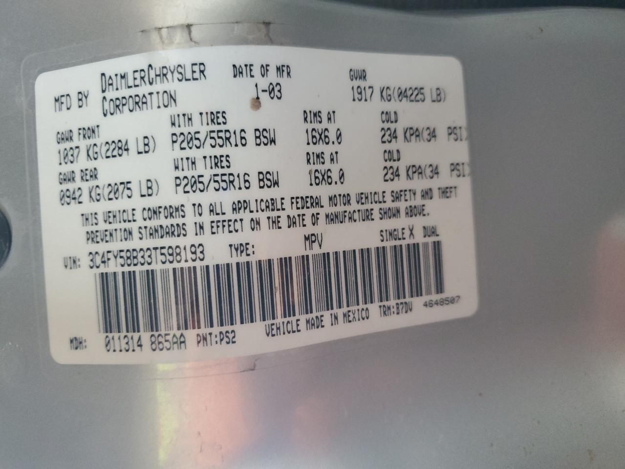 2003 Chrysler Pt Cruiser Touring VIN: 3C4FY58B33T598193 Lot: 90366355