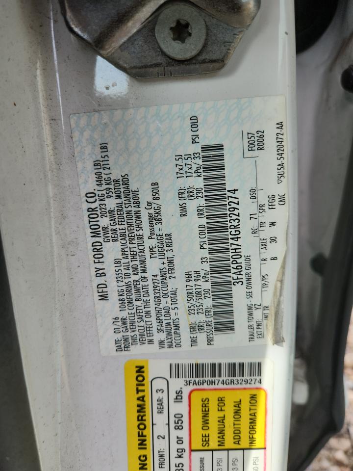 2016 Ford Fusion Se VIN: 3FA6P0H74GR329274 Lot: 85581615