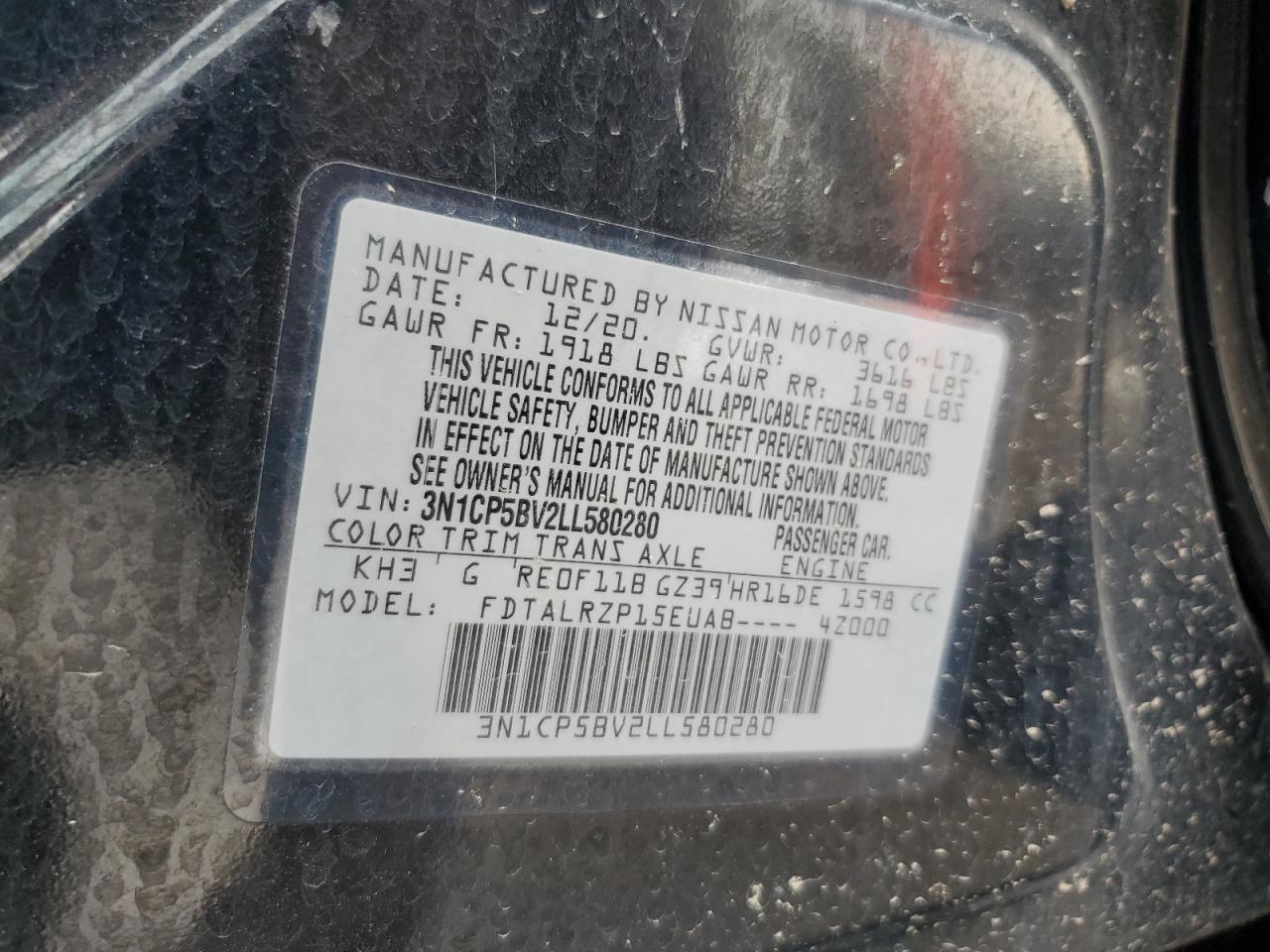 2020 Nissan Kicks S VIN: 3N1CP5BV2LL580280 Lot: 82325725