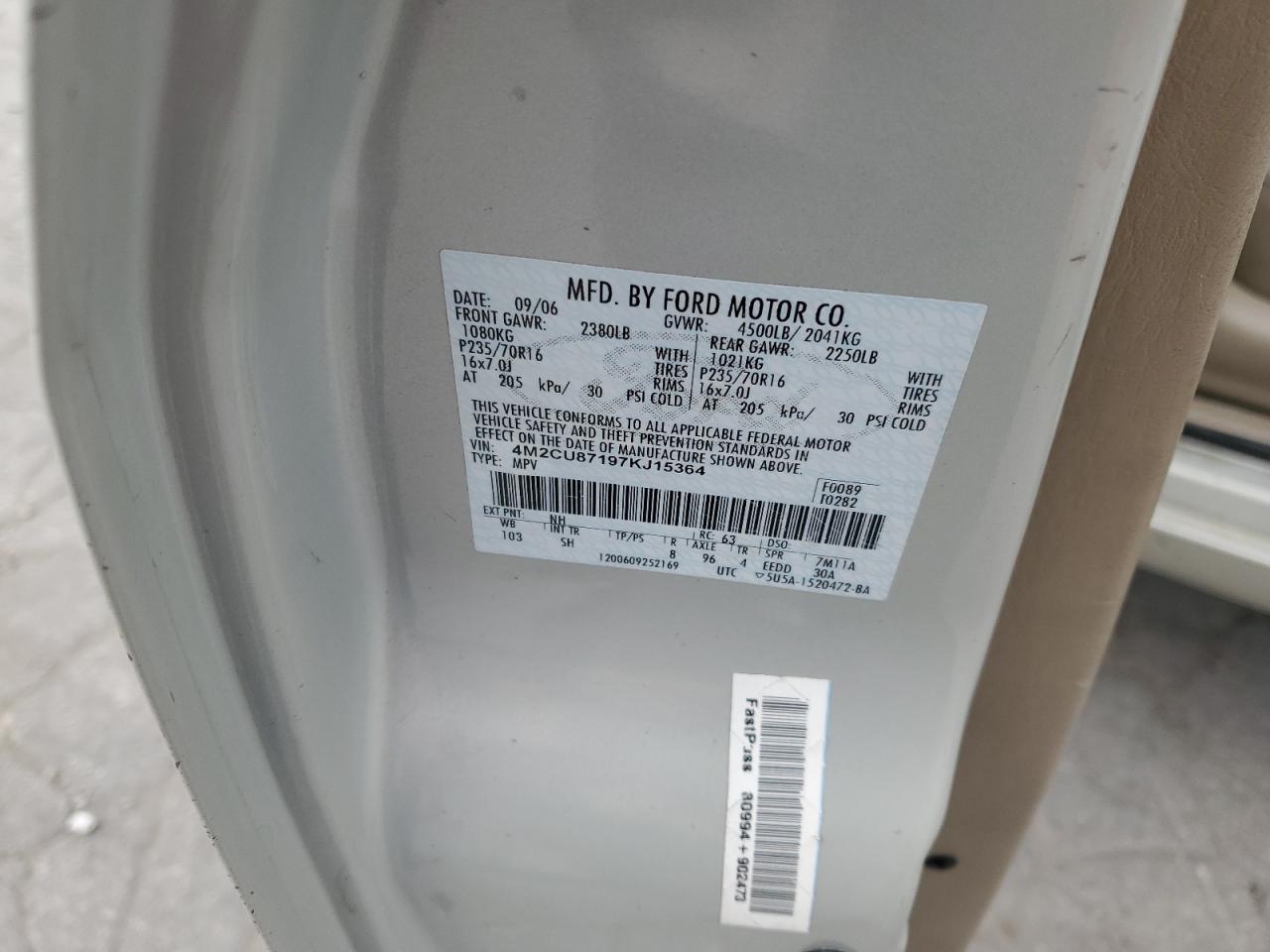 2007 Mercury Mariner Premier VIN: 4M2CU87197KJ15364 Lot: 87222015