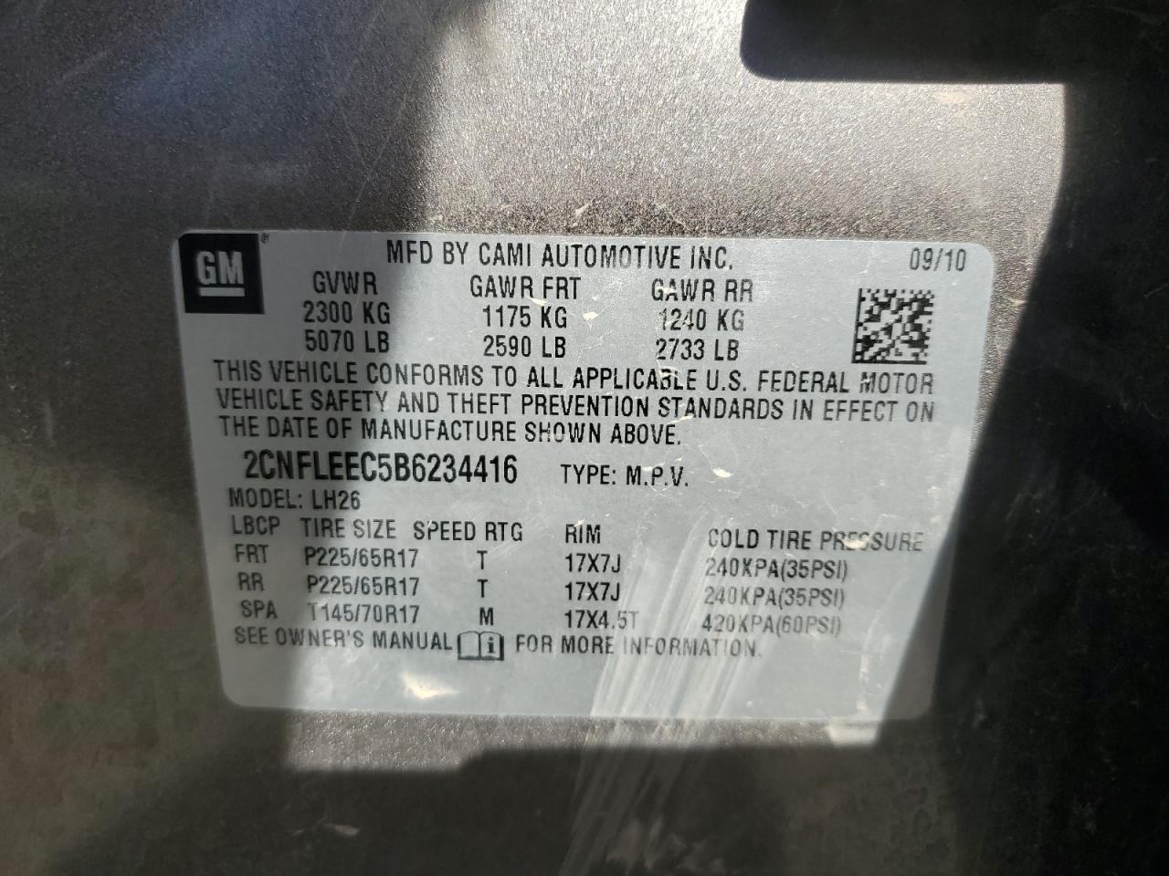 2011 Chevrolet Equinox Lt VIN: 2CNFLEEC5B6234416 Lot: 85482055