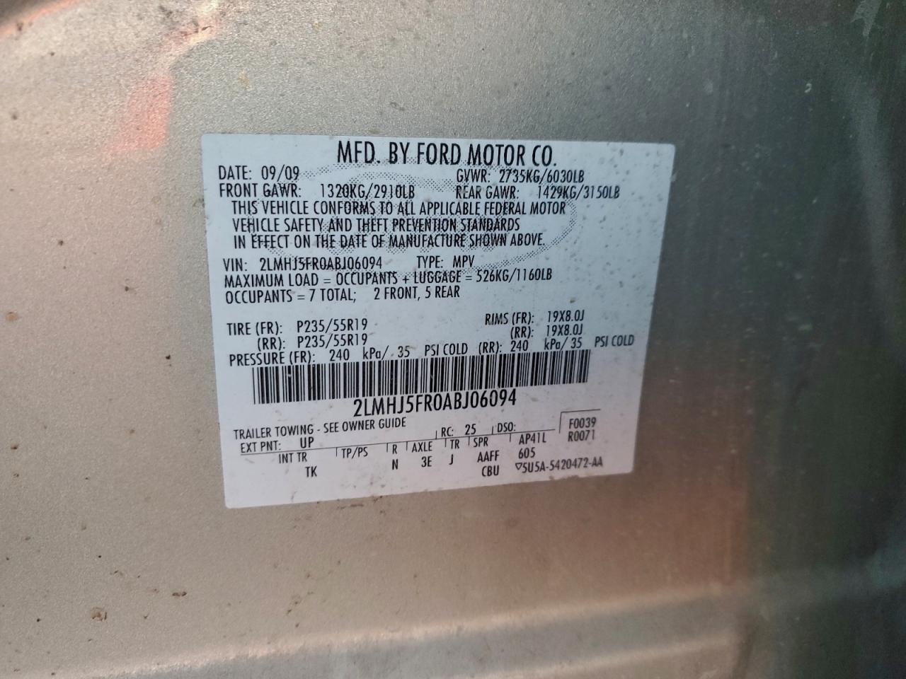 2010 Lincoln Mkt VIN: 2LMHJ5FR0ABJ06094 Lot: 90460085