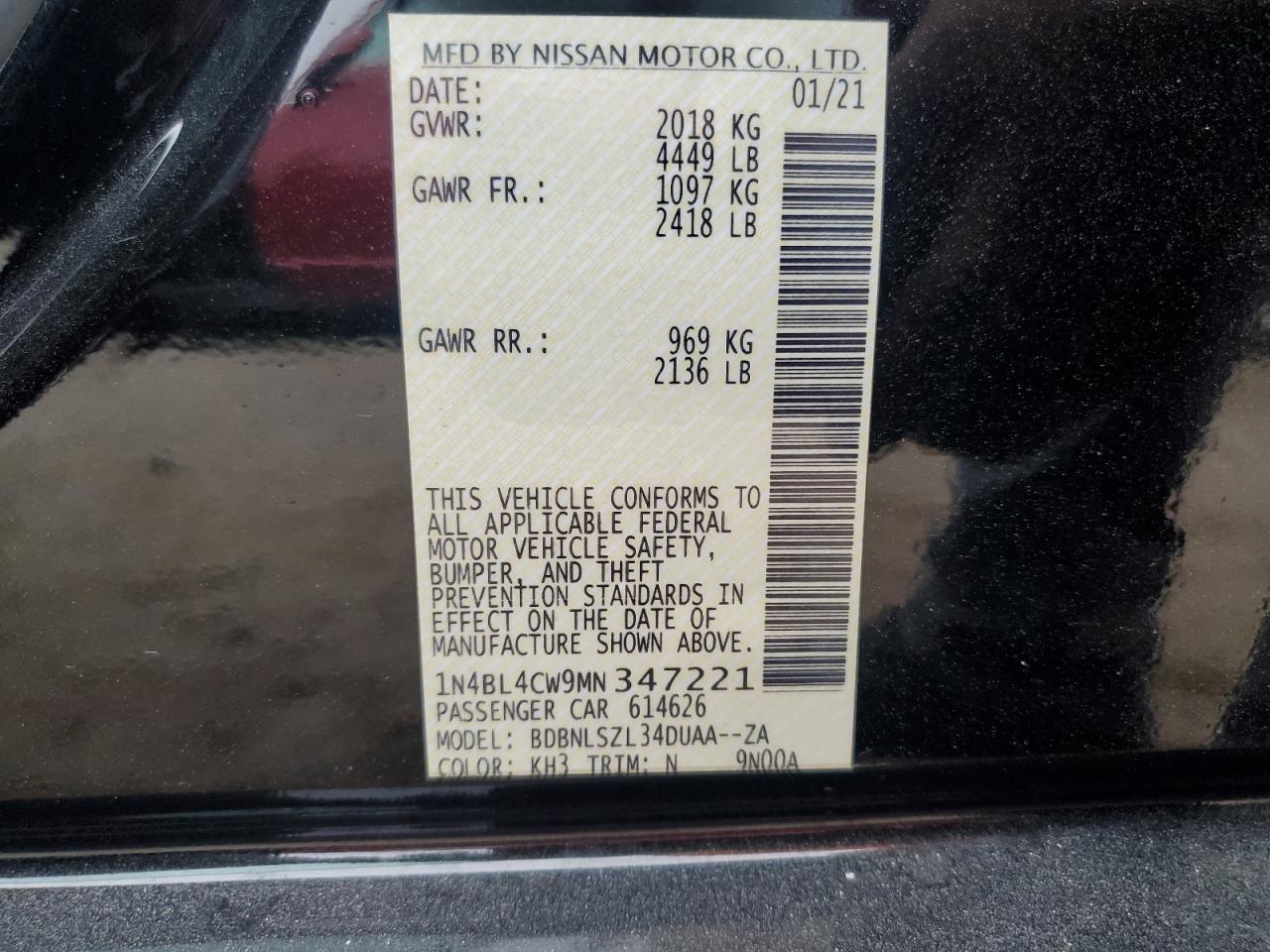 2021 Nissan Altima Sr VIN: 1N4BL4CW9MN347221 Lot: 85373855