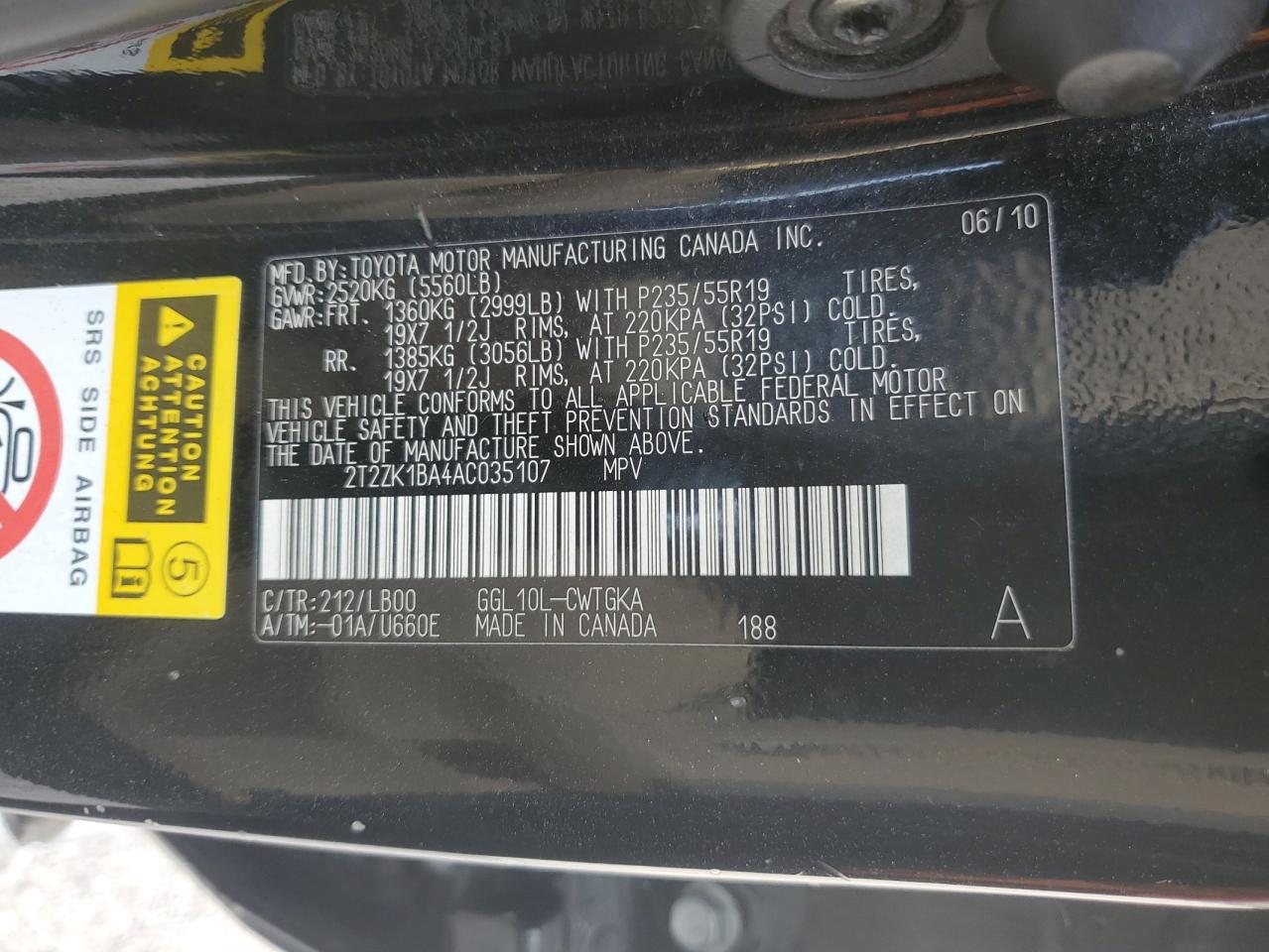 2010 Lexus Rx 350 VIN: 2T2ZK1BA4AC035107 Lot: 81469215