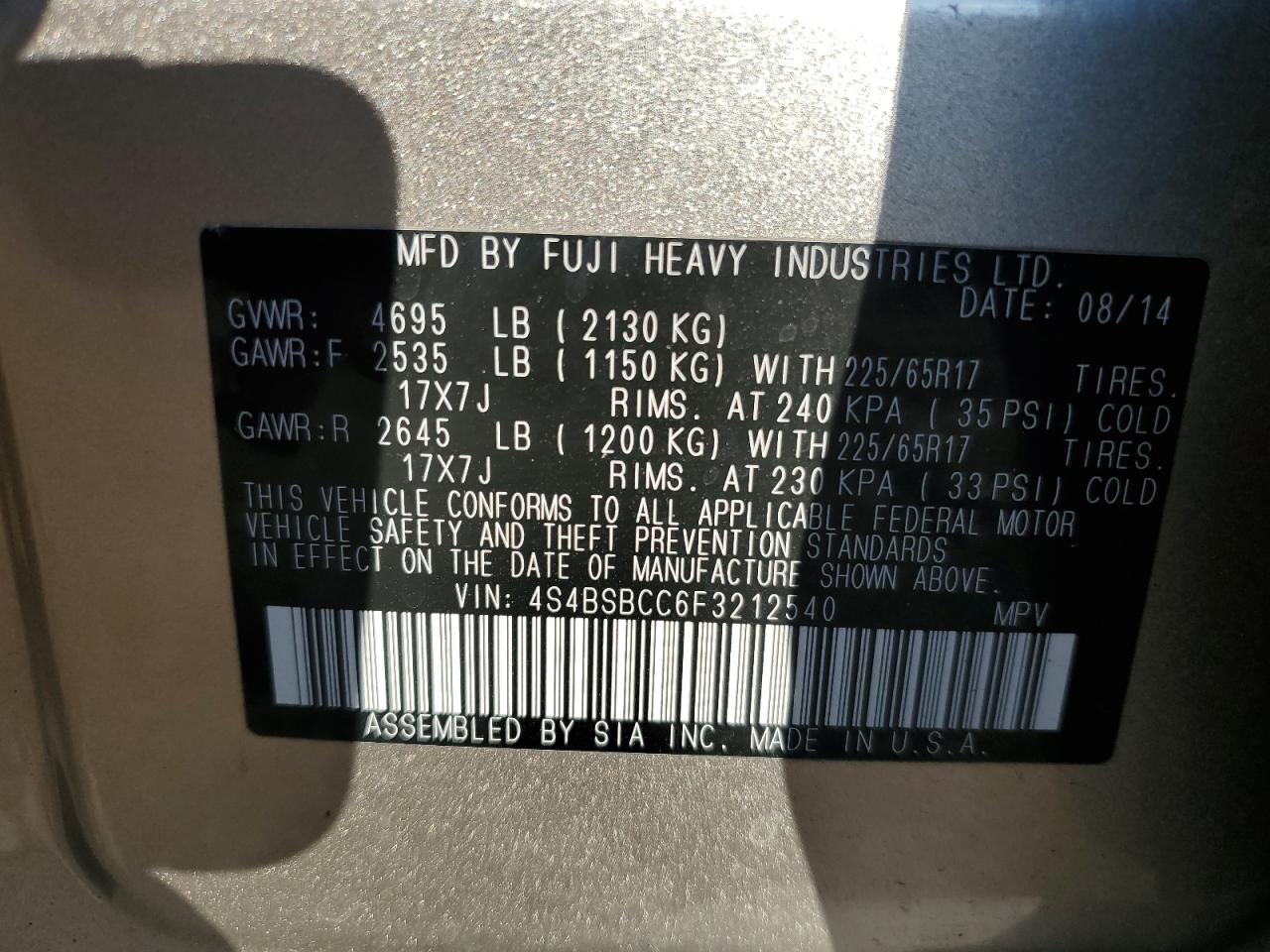 2015 Subaru Outback 2.5I Premium VIN: 4S4BSBCC6F3212540 Lot: 85534595