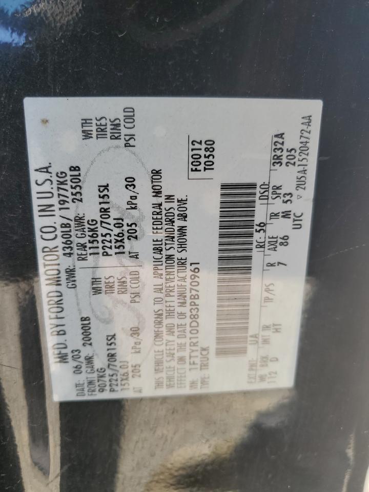 2003 Ford Ranger VIN: 1FTYR10D83PB70961 Lot: 85867605