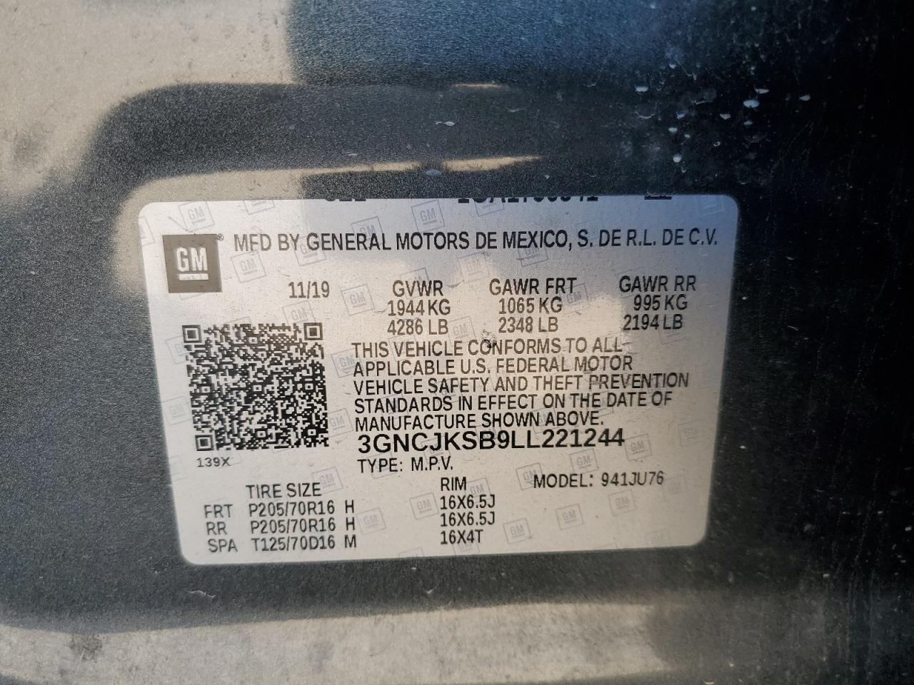 2020 Chevrolet Trax Ls VIN: 3GNCJKSB9LL221244 Lot: 85574135