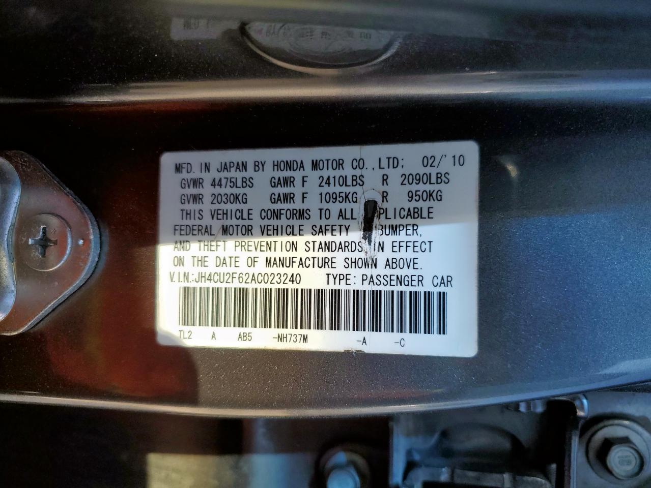 2010 Acura Tsx VIN: JH4CU2F62AC023240 Lot: 85298575