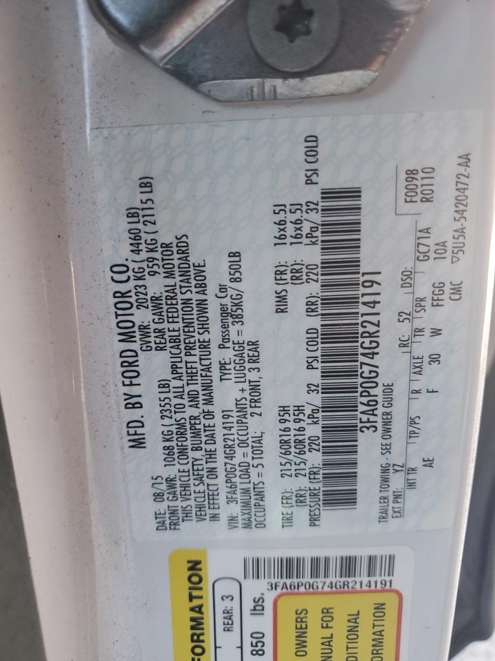 2016 Ford Fusion S VIN: 3FA6P0G74GR214191 Lot: 86821375