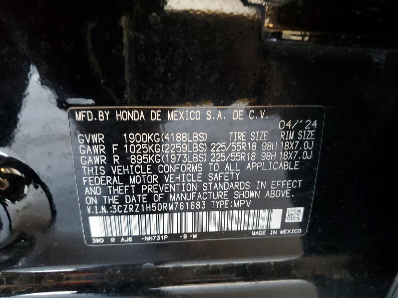 2024 Honda Hr-V Sport VIN: 3CZRZ1H50RM761683 Lot: 85541355