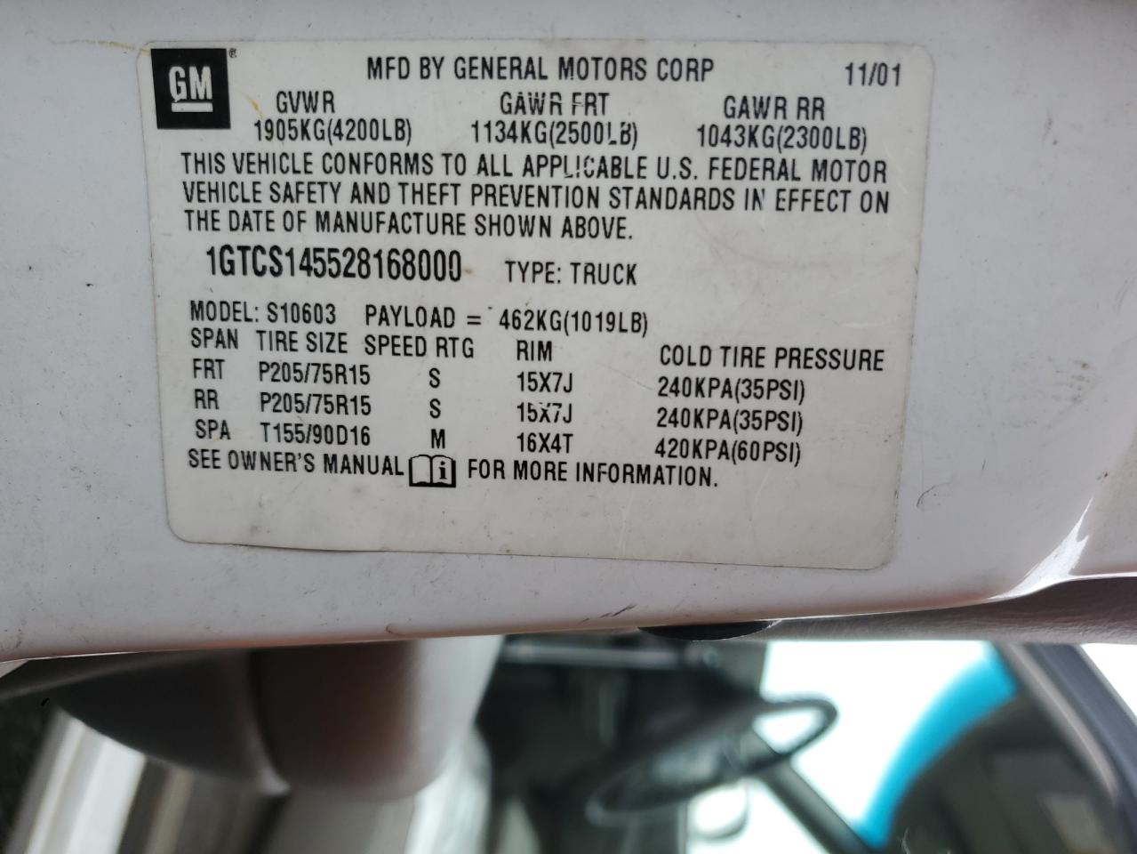 2002 GMC Sonoma VIN: 1GTCS145528168000 Lot: 84587775