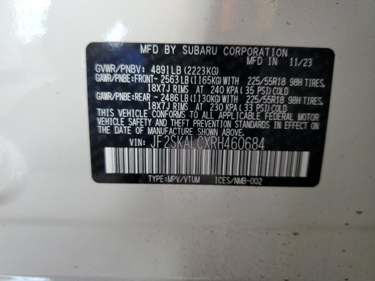 2024 Subaru Forester Limited VIN: JF2SKALCXRH460684 Lot: 82343465