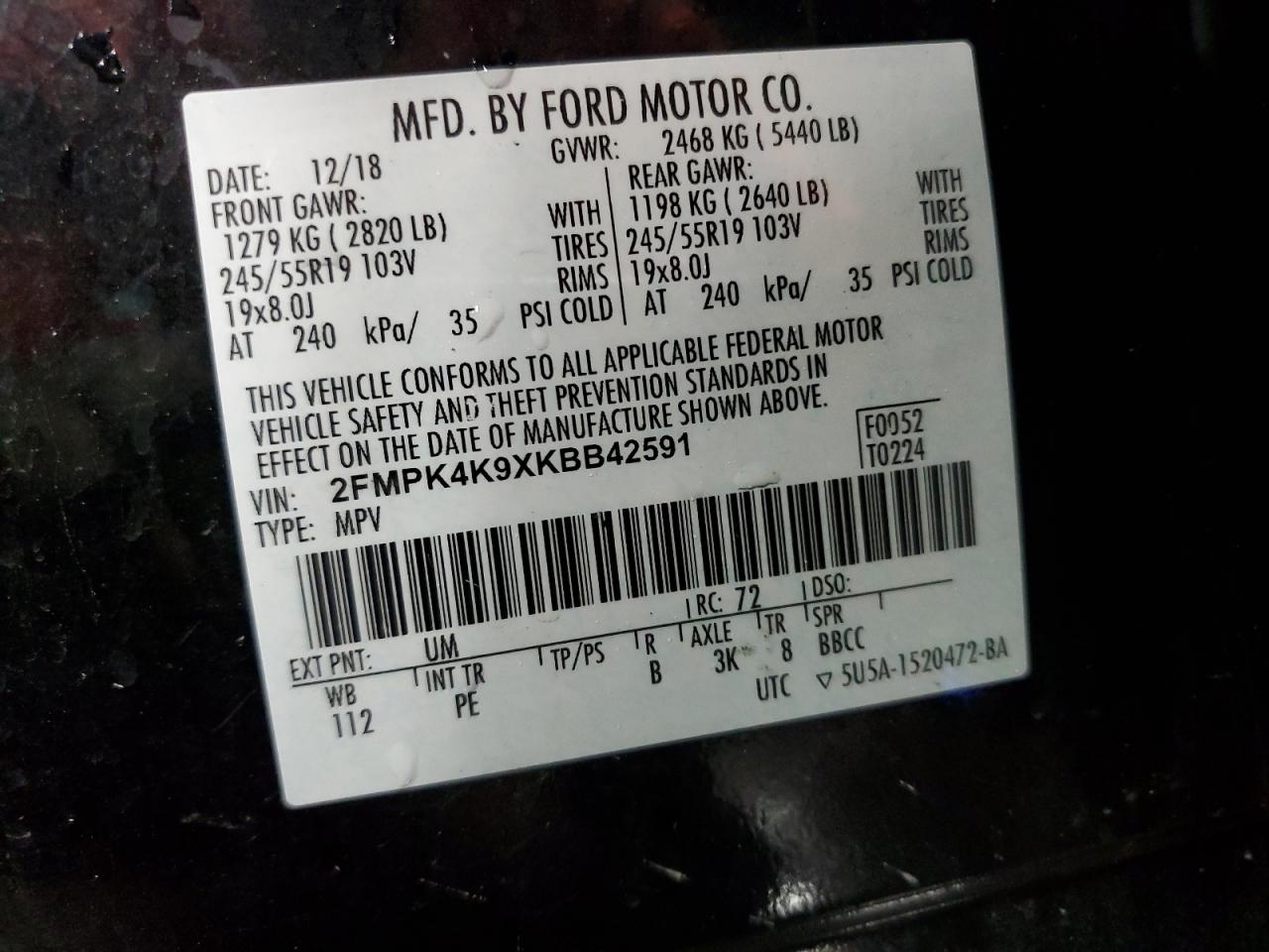 2019 Ford Edge Titanium VIN: 2FMPK4K9XKBB42591 Lot: 84480345