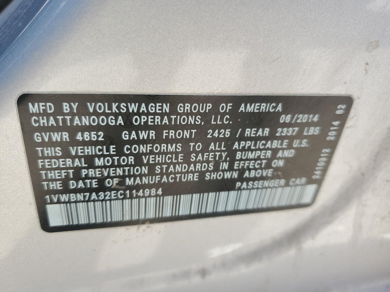 2014 Volkswagen Passat Se VIN: 1VWBN7A32EC114984 Lot: 85600245