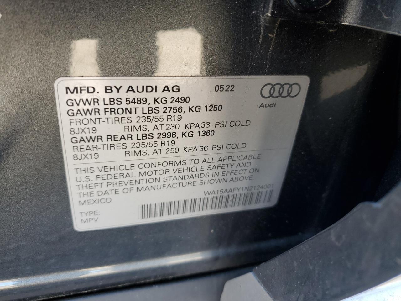 2022 Audi Q5 Sportback Prm Pls 45 VIN: WA15AAFY1N2124001 Lot: 92029655