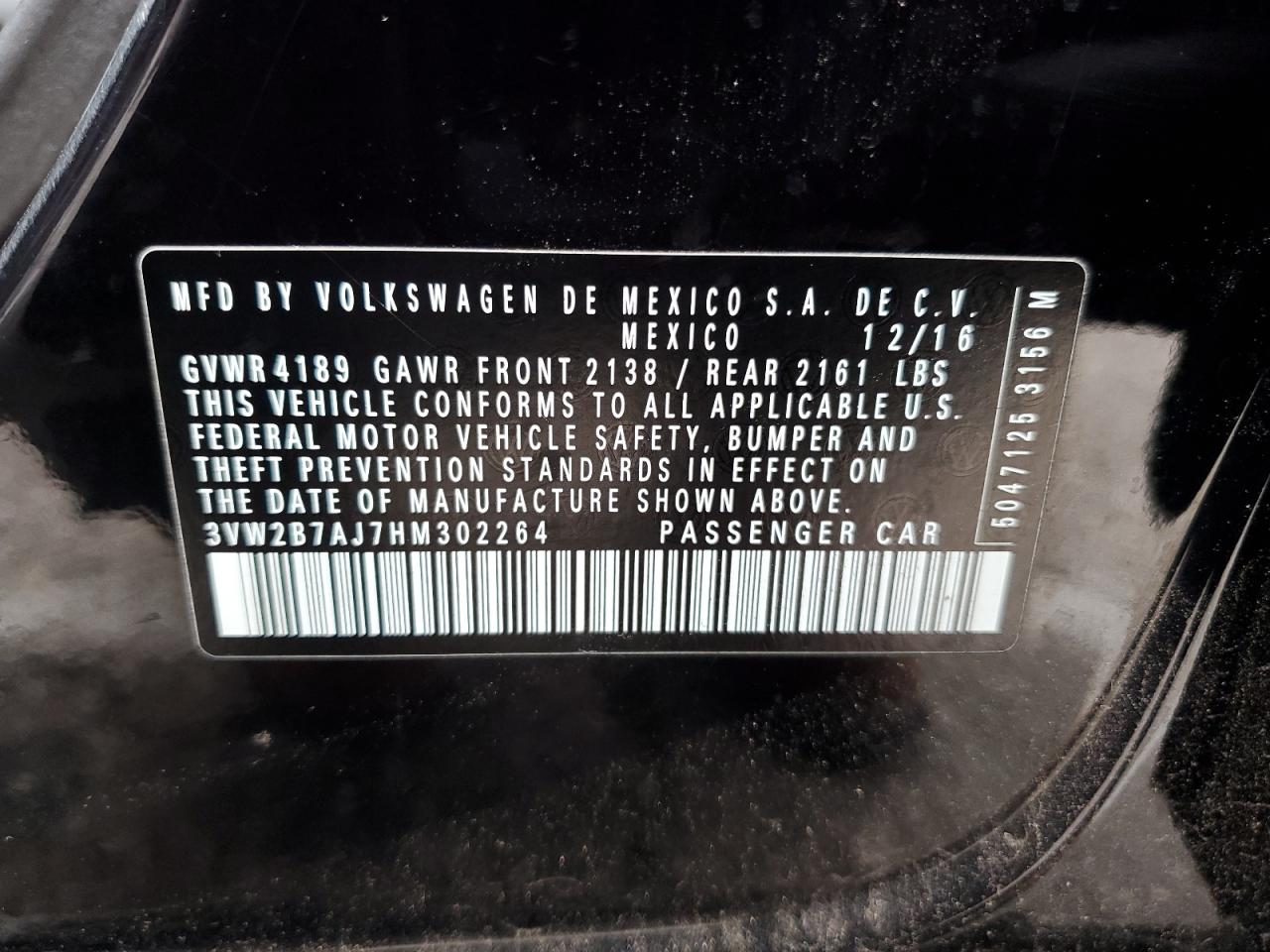 2017 Volkswagen Jetta S VIN: 3VW2B7AJ7HM302264 Lot: 84579955
