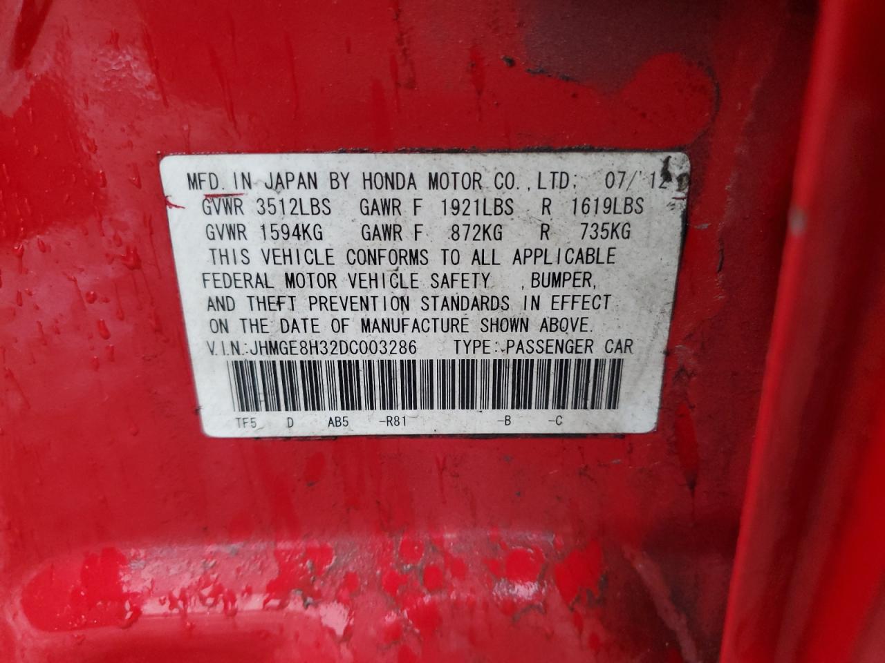 2013 Honda Fit VIN: JHMGE8H32DC003286 Lot: 84905825