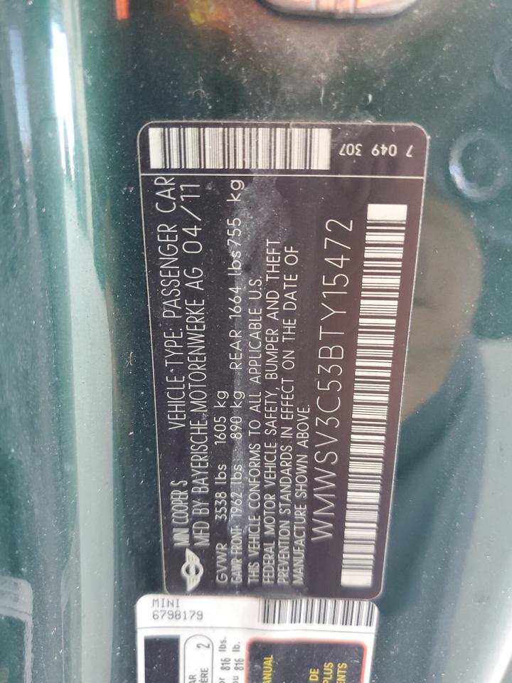 2011 Mini Cooper S VIN: WMWSV3C53BTY15472 Lot: 90399595