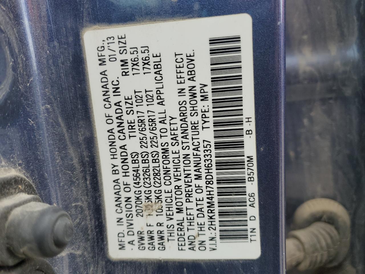 2013 Honda Cr-V Exl VIN: 2HKRM4H78DH633357 Lot: 89686275