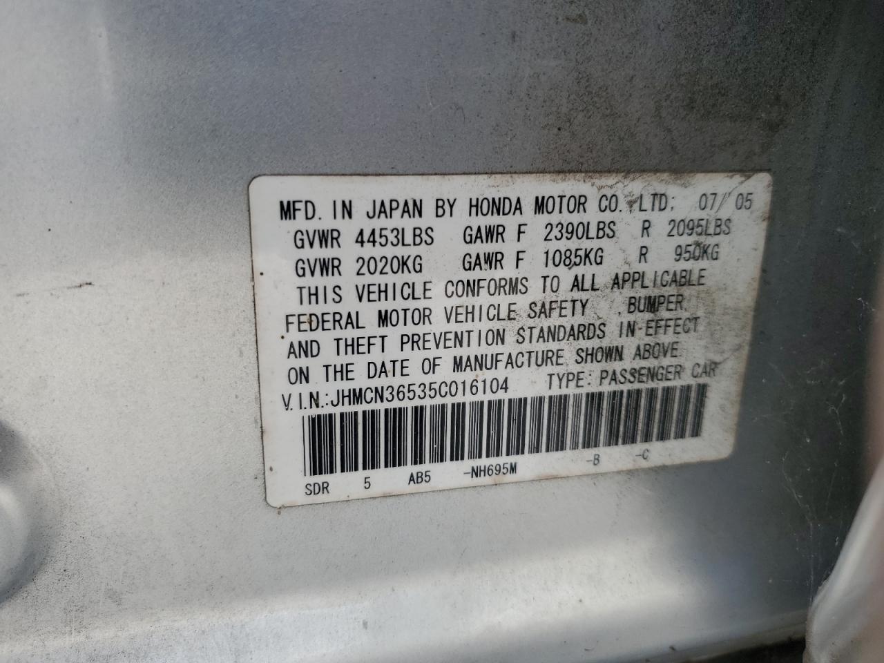 2005 Honda Accord Hybrid VIN: JHMCN36535C016104 Lot: 81515625