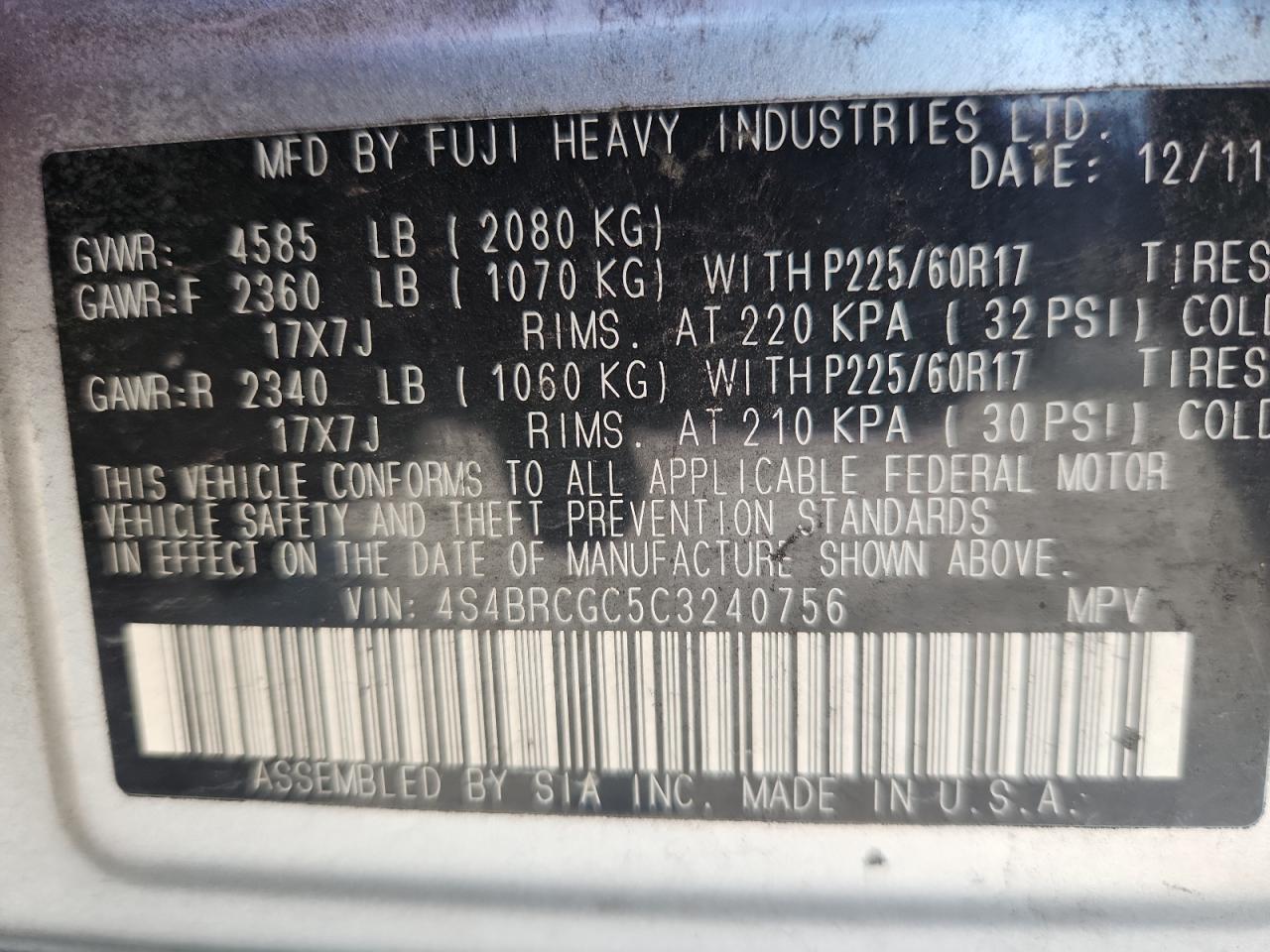 2012 Subaru Outback 2.5I Premium VIN: 4S4BRCGC5C3240756 Lot: 82589905