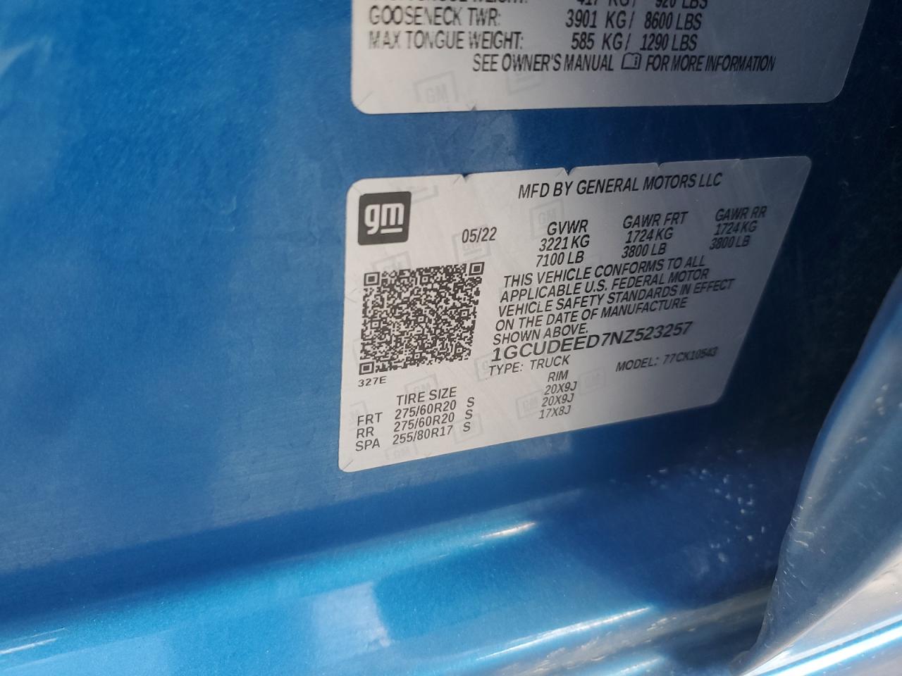 2022 Chevrolet Silverado K1500 Rst VIN: 1GCUDEED7NZ523257 Lot: 85671995