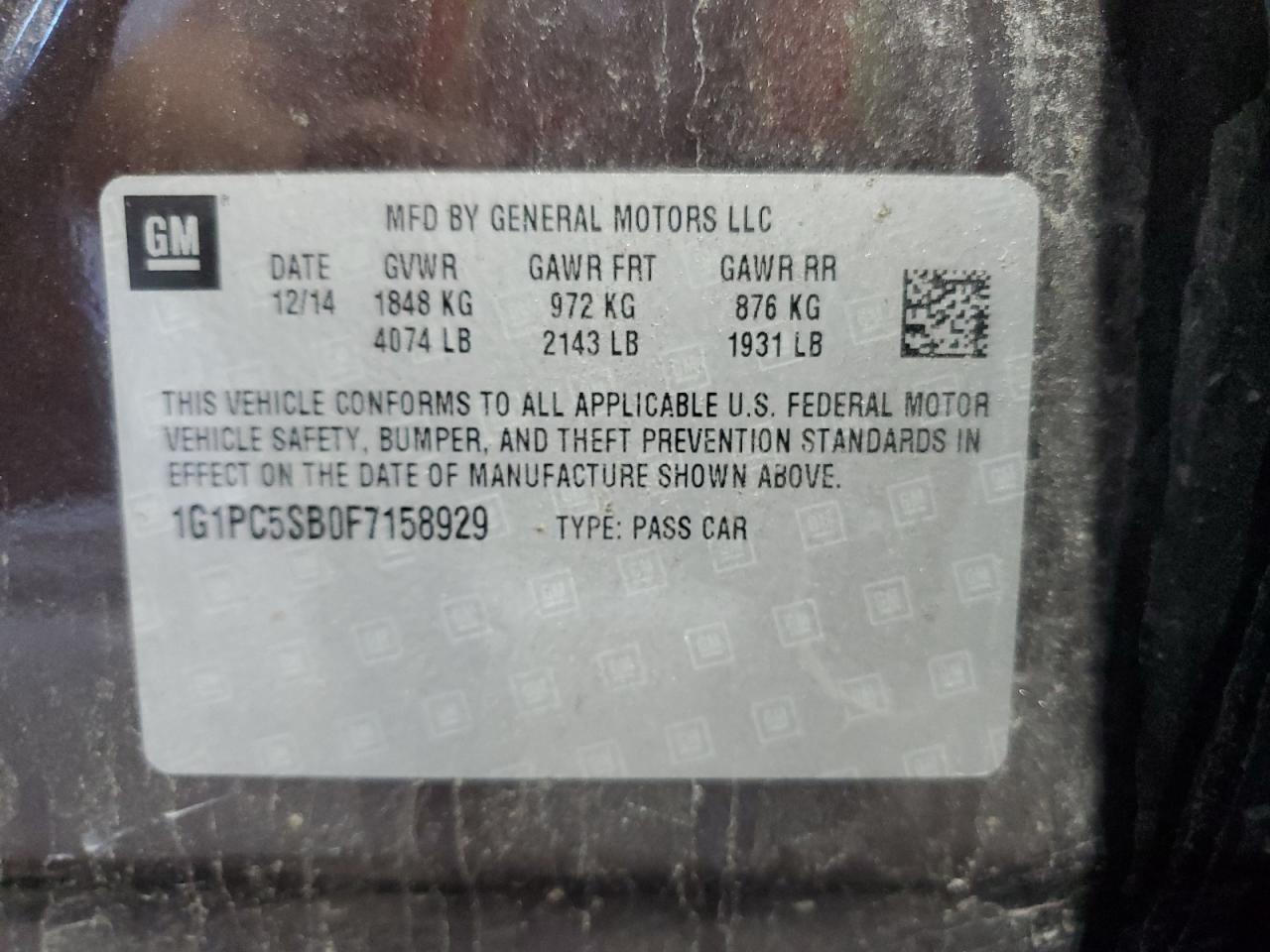 2015 Chevrolet Cruze Lt VIN: 1G1PC5SB0F7158929 Lot: 84588775