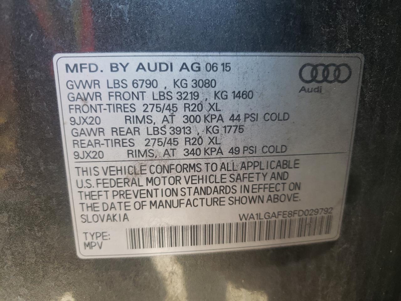 2015 Audi Q7 Premium Plus VIN: WA1LGAFE8FD029792 Lot: 90135935