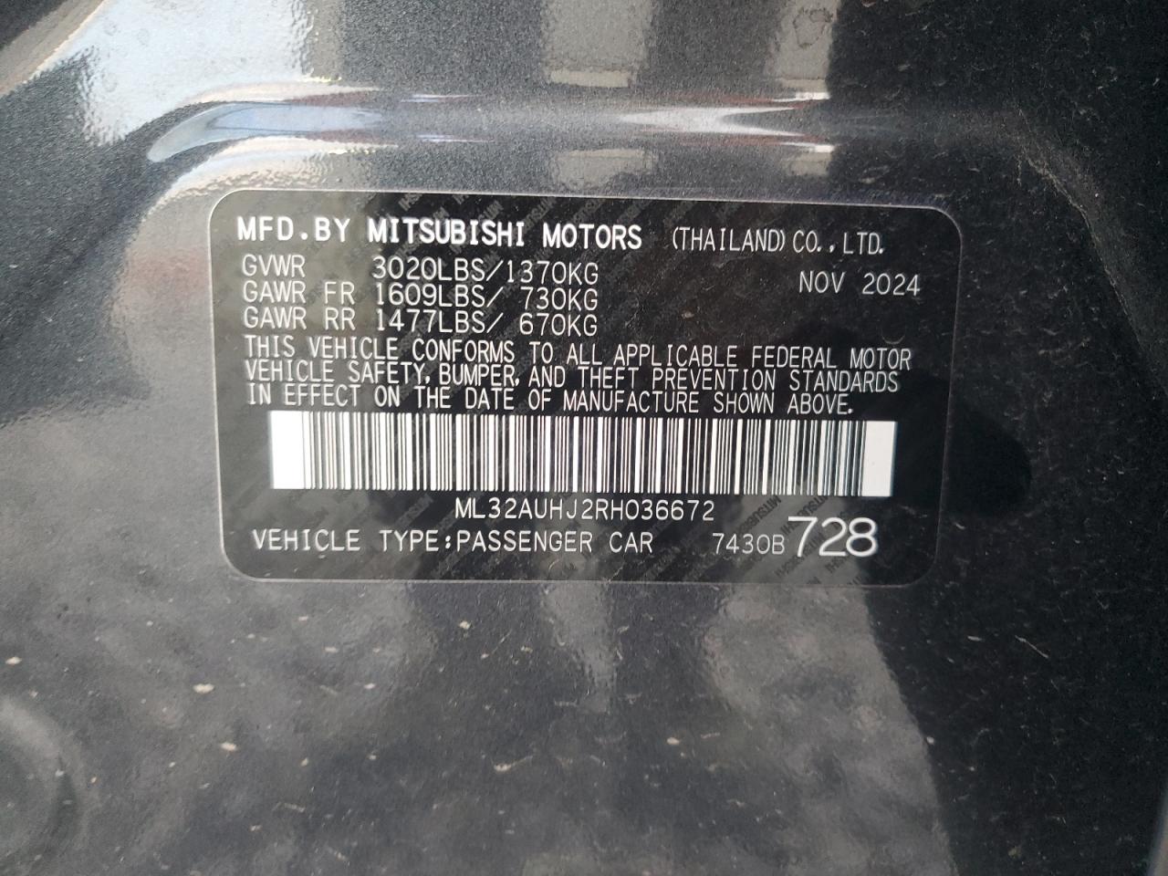 2024 Mitsubishi Mirage Es VIN: ML32AUHJ2RH036672 Lot: 87096075