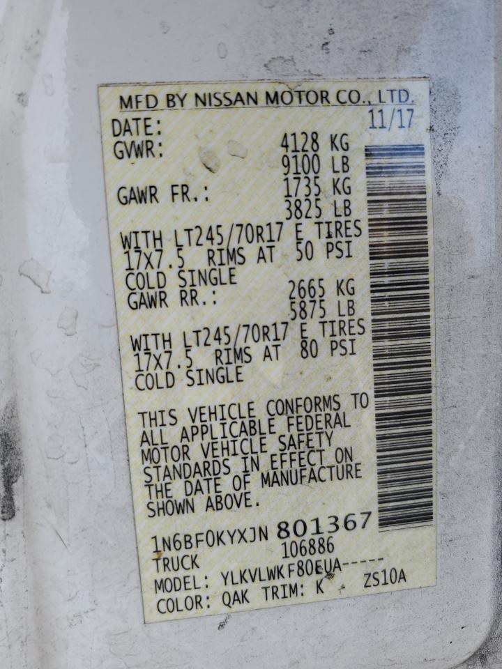 2018 Nissan Nv 1500 S VIN: 1N6BF0KYXJN801367 Lot: 84903775