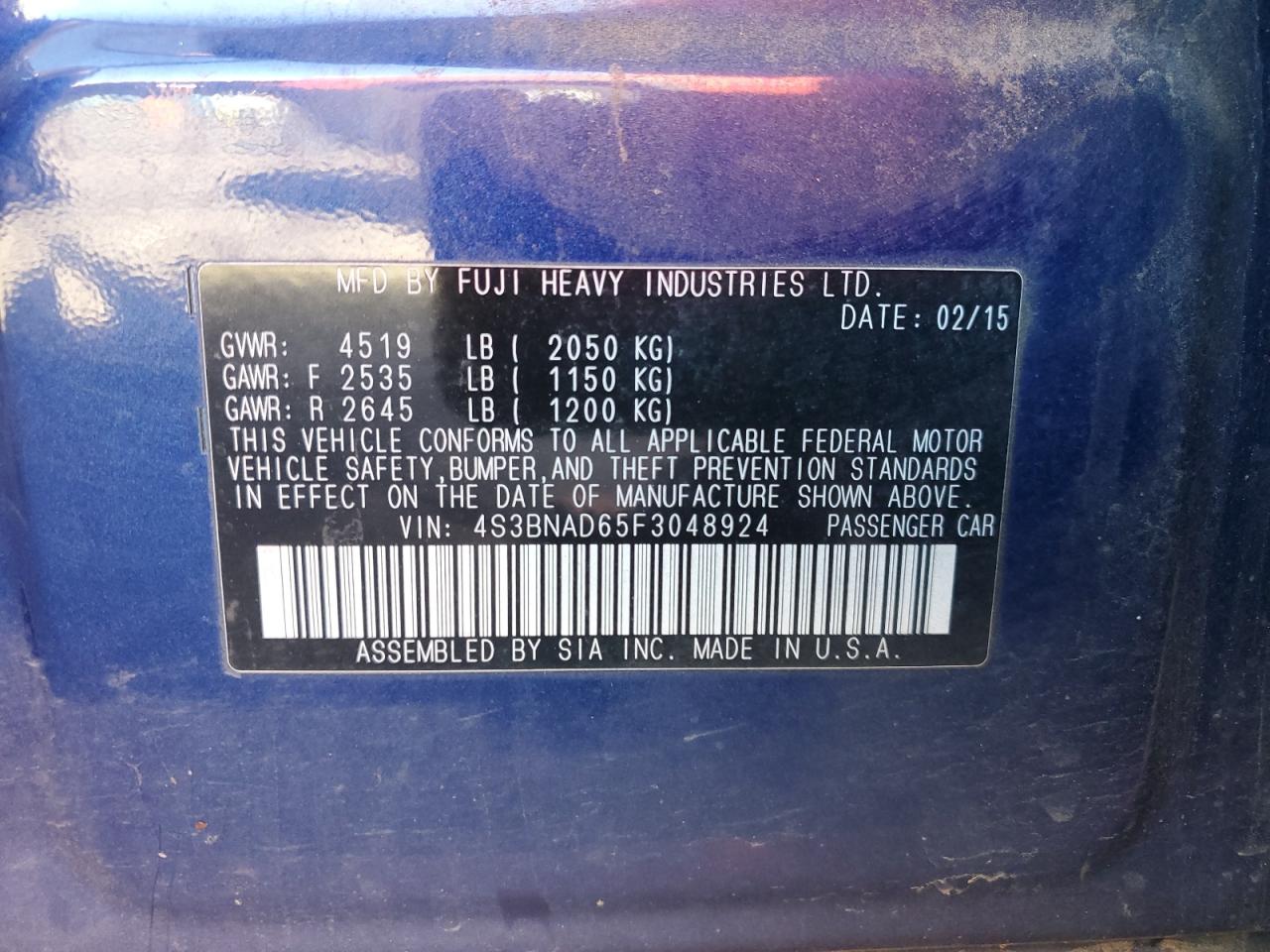 2015 Subaru Legacy 2.5I Premium VIN: 4S3BNAD65F3048924 Lot: 91057865