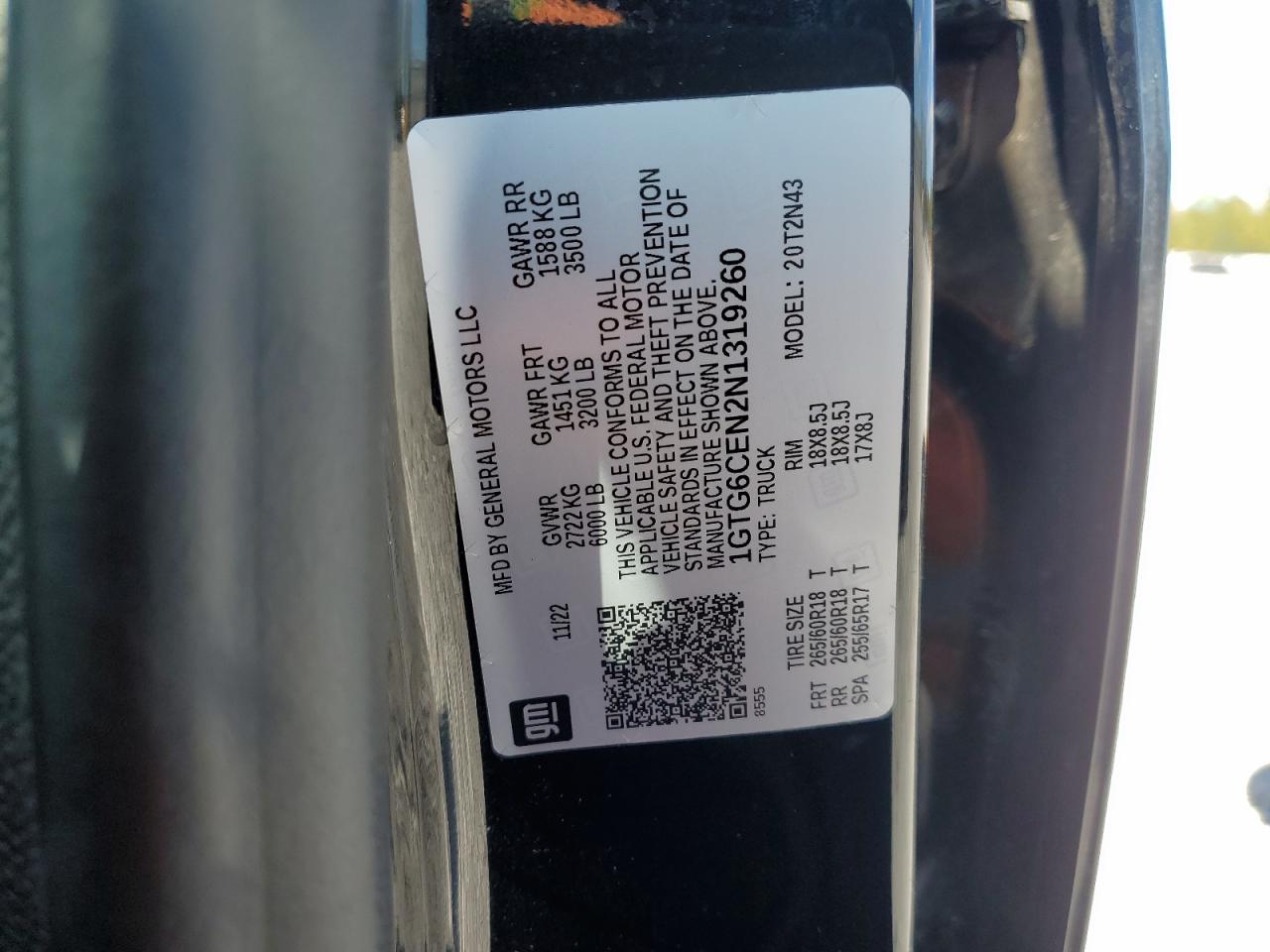 2022 GMC Canyon Elevation VIN: 1GTG6CEN2N1319260 Lot: 86084765