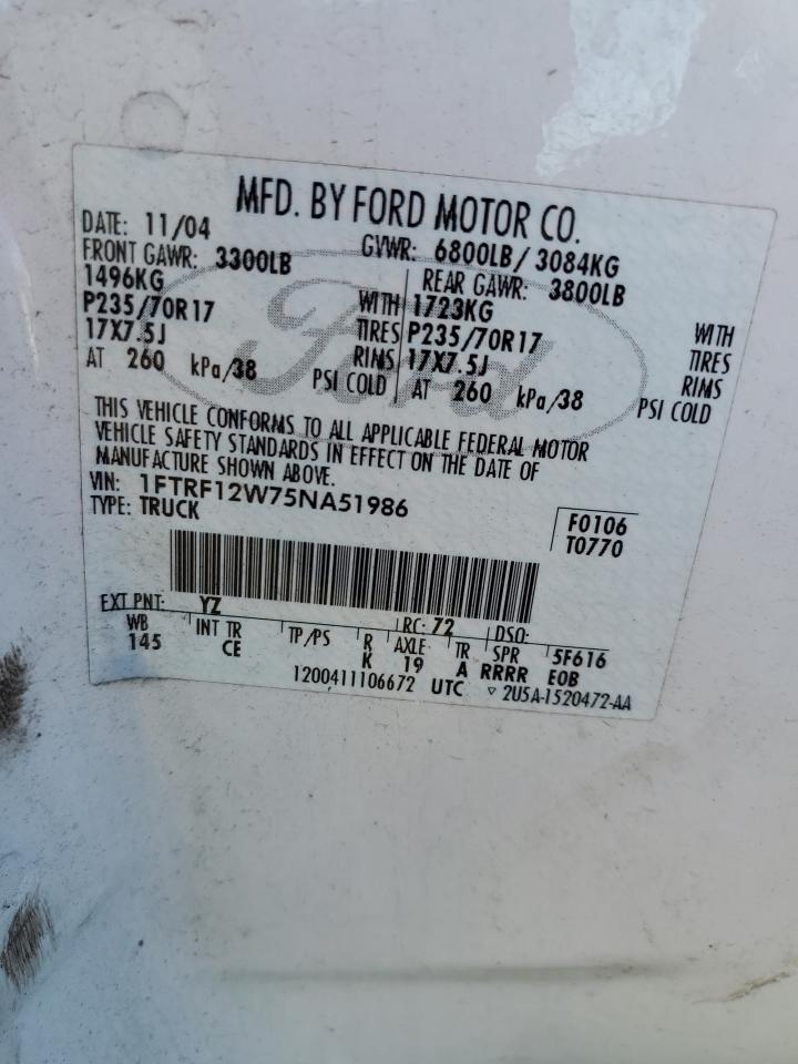 2005 Ford F150 VIN: 1FTRF12W75NA51986 Lot: 87040995
