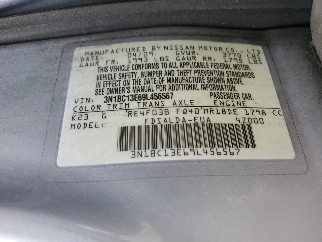 2009 Nissan Versa S VIN: 3N1BC13E69L456567 Lot: 85504725