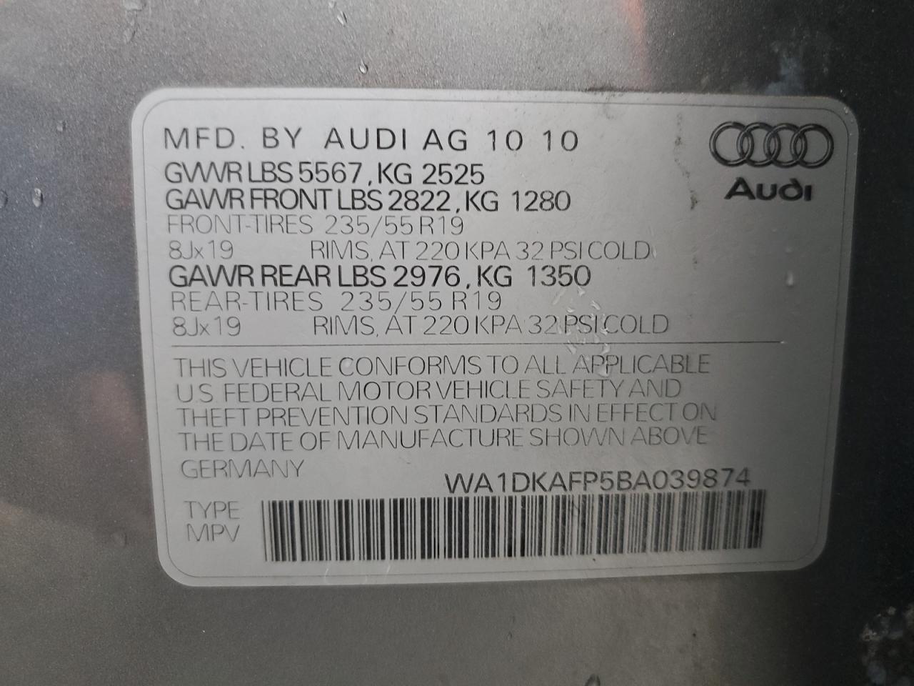 2011 Audi Q5 Premium Plus VIN: WA1DKAFP5BA039874 Lot: 87070295