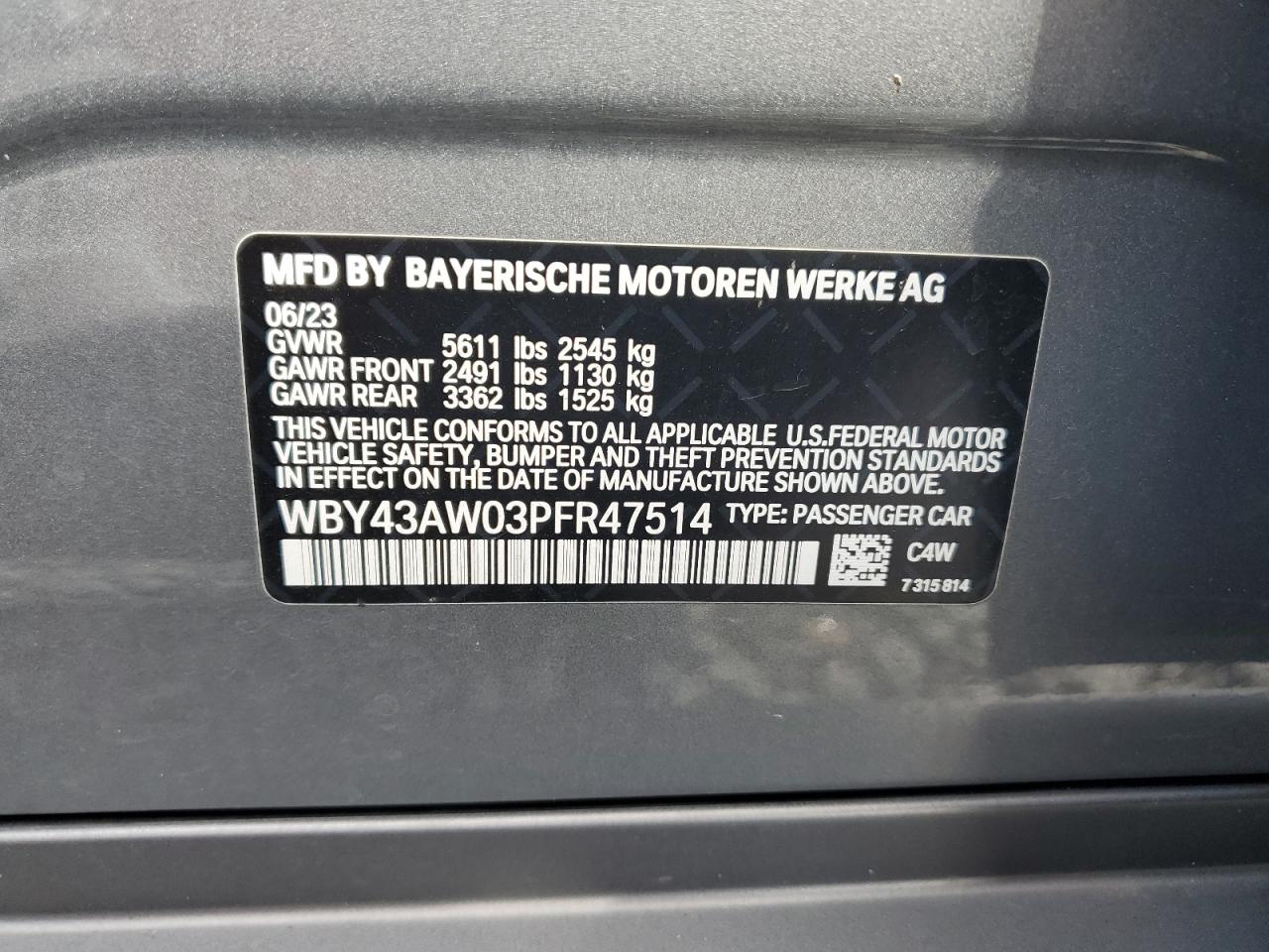 2023 BMW I4 Edrive 35 VIN: WBY43AW03PFR47514 Lot: 86993025