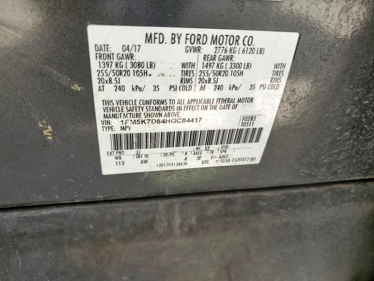 2017 Ford Explorer Xlt VIN: 1FM5K7D84HGC84417 Lot: 82214035