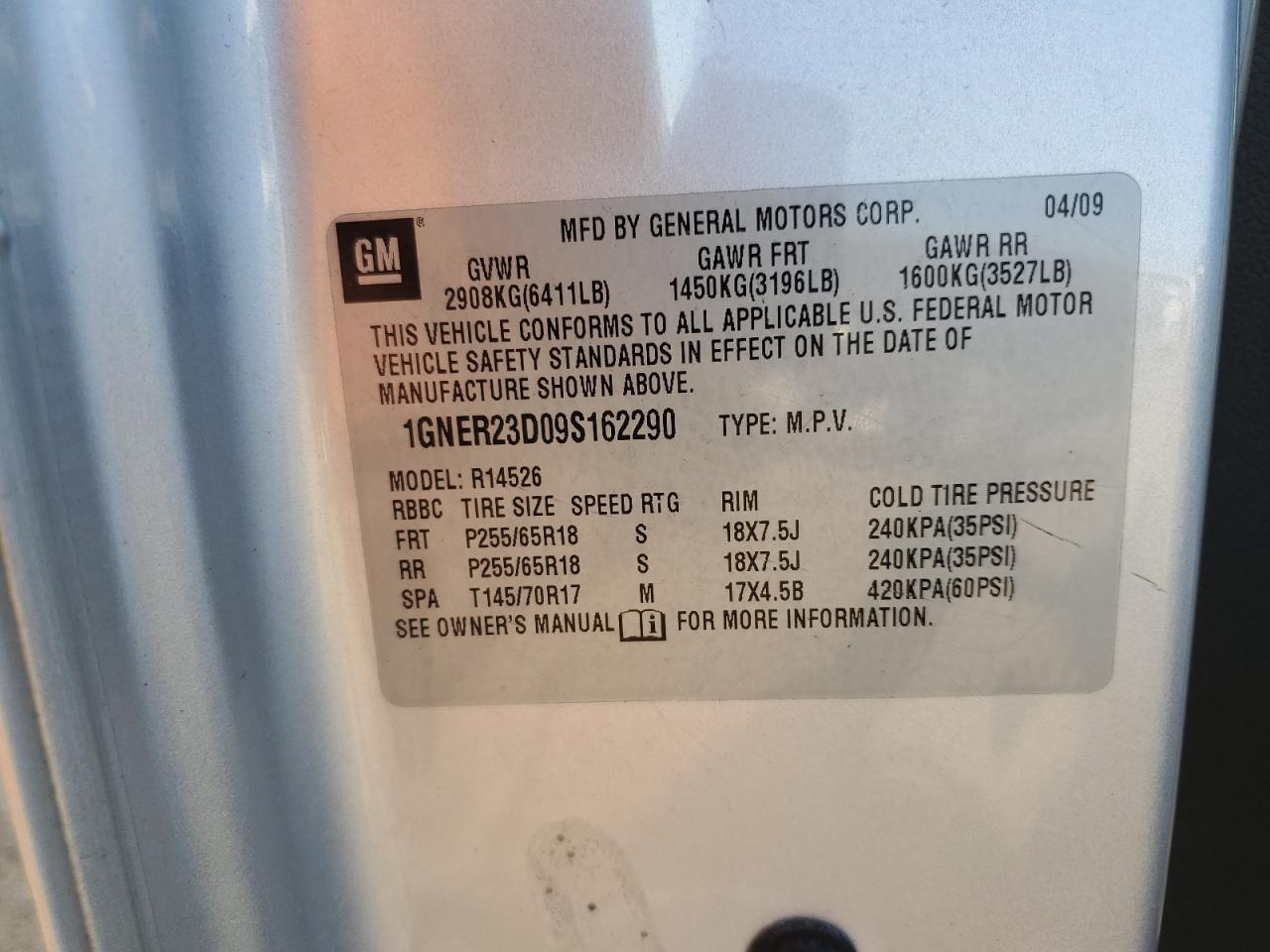 2009 Chevrolet Traverse Lt VIN: 1GNER23D09S162290 Lot: 85146395