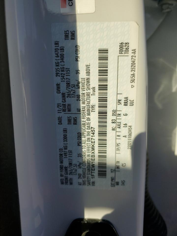 2021 Ford F150 Supercrew VIN: 1FTEW1EBXMKE71457 Lot: 87449725