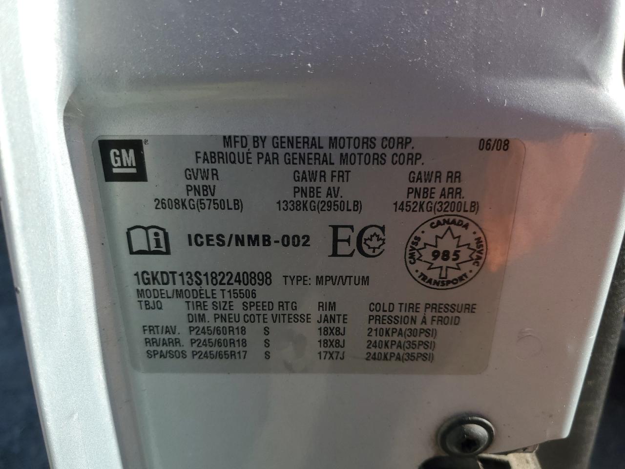 2008 GMC Envoy VIN: 1GKDT13S182240898 Lot: 86989445