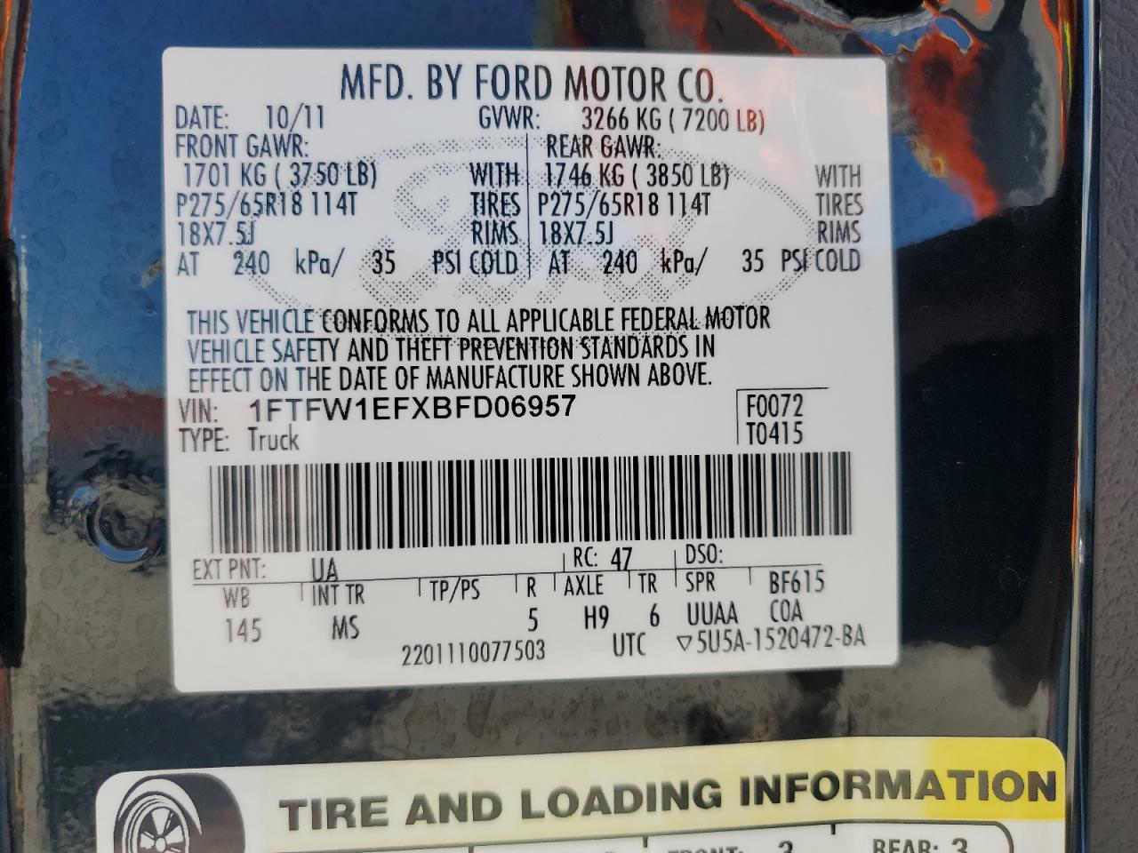 2011 Ford F150 Supercrew VIN: 1FTFW1EFXBFD06957 Lot: 84249145