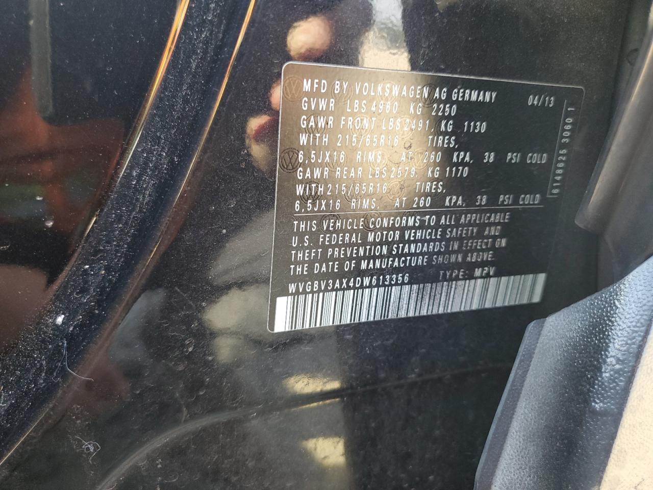 2013 Volkswagen Tiguan S VIN: WVGBV3AX4DW613356 Lot: 85730395