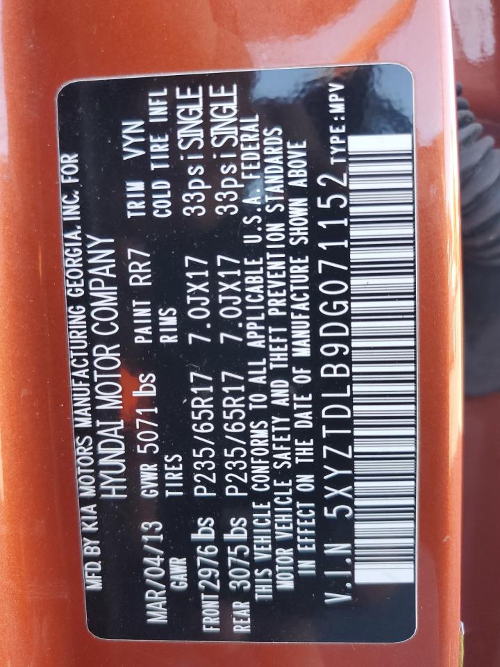 2013 Hyundai Santa Fe Sport VIN: 5XYZTDLB9DG071152 Lot: 84291095